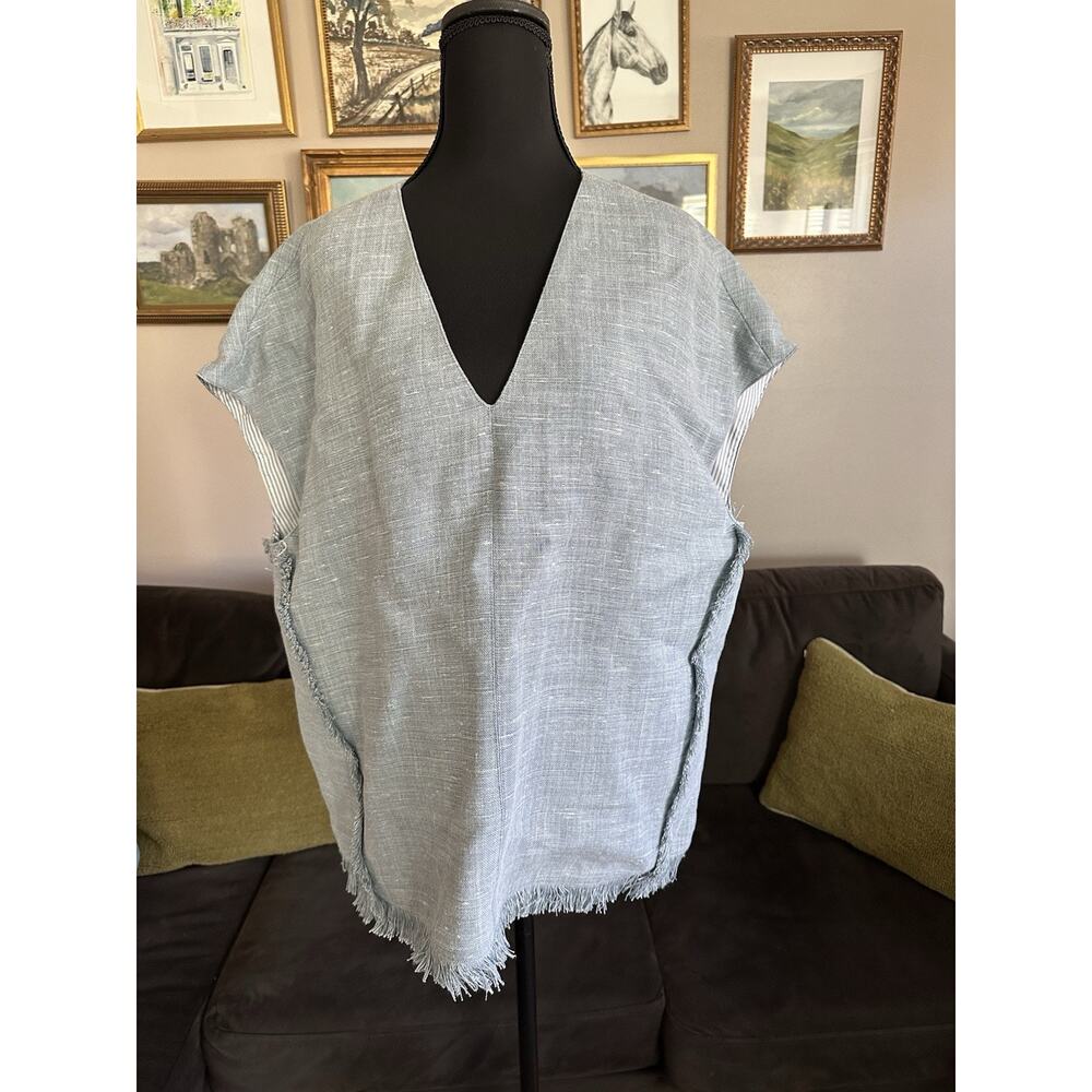 Ann Mashburn Womens Size XL Vest Sleeveless Heavy Linen Frayed Edge Blue Luxury